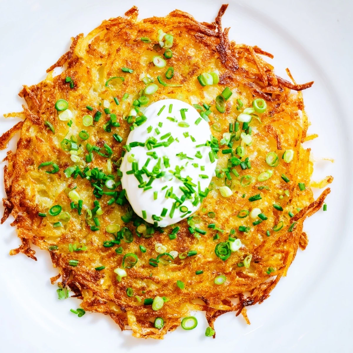 Crispy golden Potato Cakes with Scallions and Sour Cream, served hot with a creamy dollop on top.  