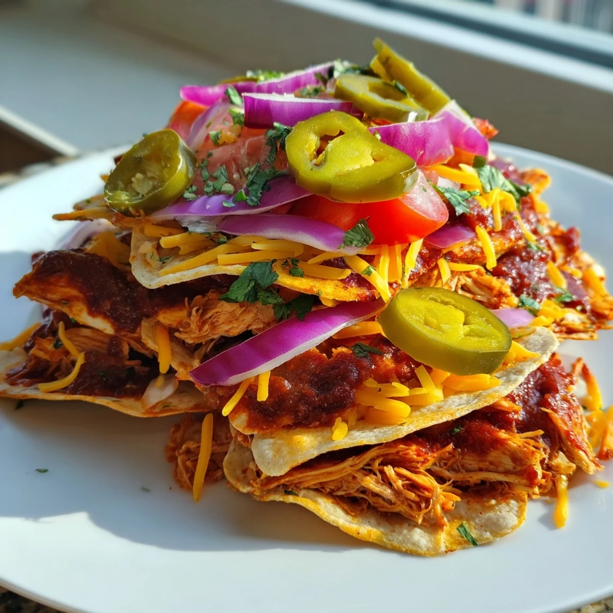 A close-up view showcases a platter of baked nachos topped with fresh cilantro, diced tomatoes, and a drizzle of sour cream.  