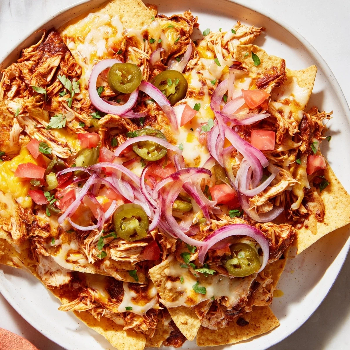 Sizzling Tex-Mex nachos feature juicy pulled chicken, Monterey Jack, and vibrant garnishes on a rustic serving tray.
