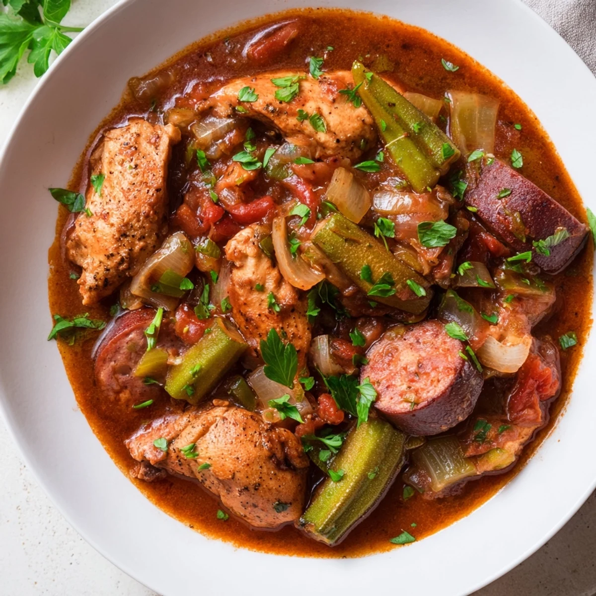 Steaming bowl of Chicken and Sausage Stew with Okra served over fluffy white rice for a comforting Southern dinner.