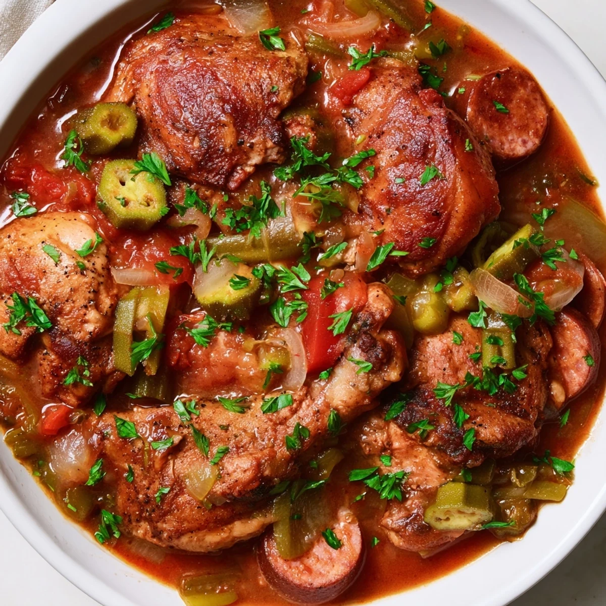 Golden brown smoked sausage and tender chicken thighs simmer in a rich tomato broth with sliced okra.