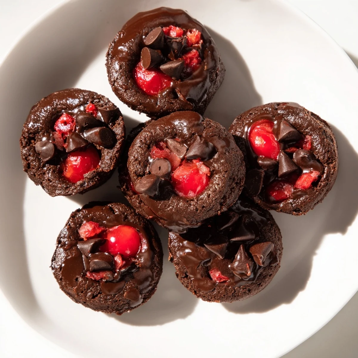 Golden-brown Chocolate Cherry Brownie Bites with a rich chocolate ganache drizzle, perfect for dessert parties.  