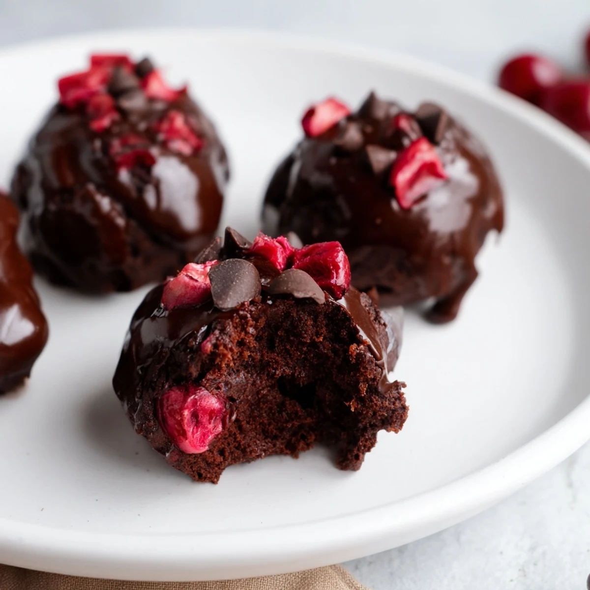 Moist Chocolate Cherry Brownie Bites topped with smooth ganache and a fresh cherry garnish on a white plate.