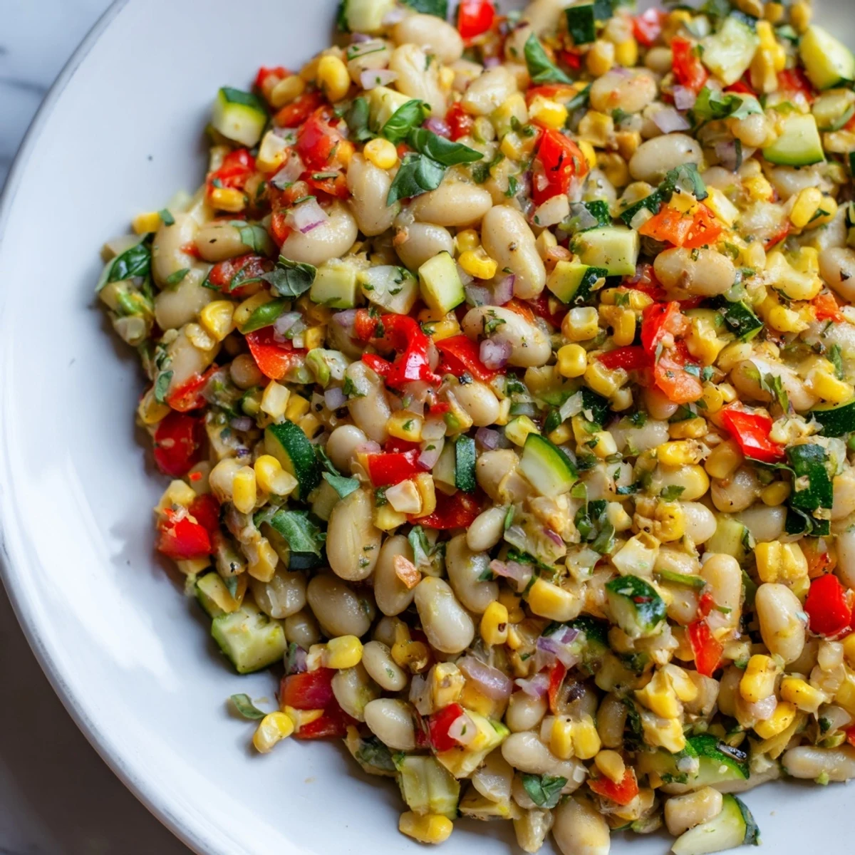 A vibrant serving of Succotash with Lima Beans and Corn, featuring colorful diced red bell pepper and zucchini in a rustic skillet.