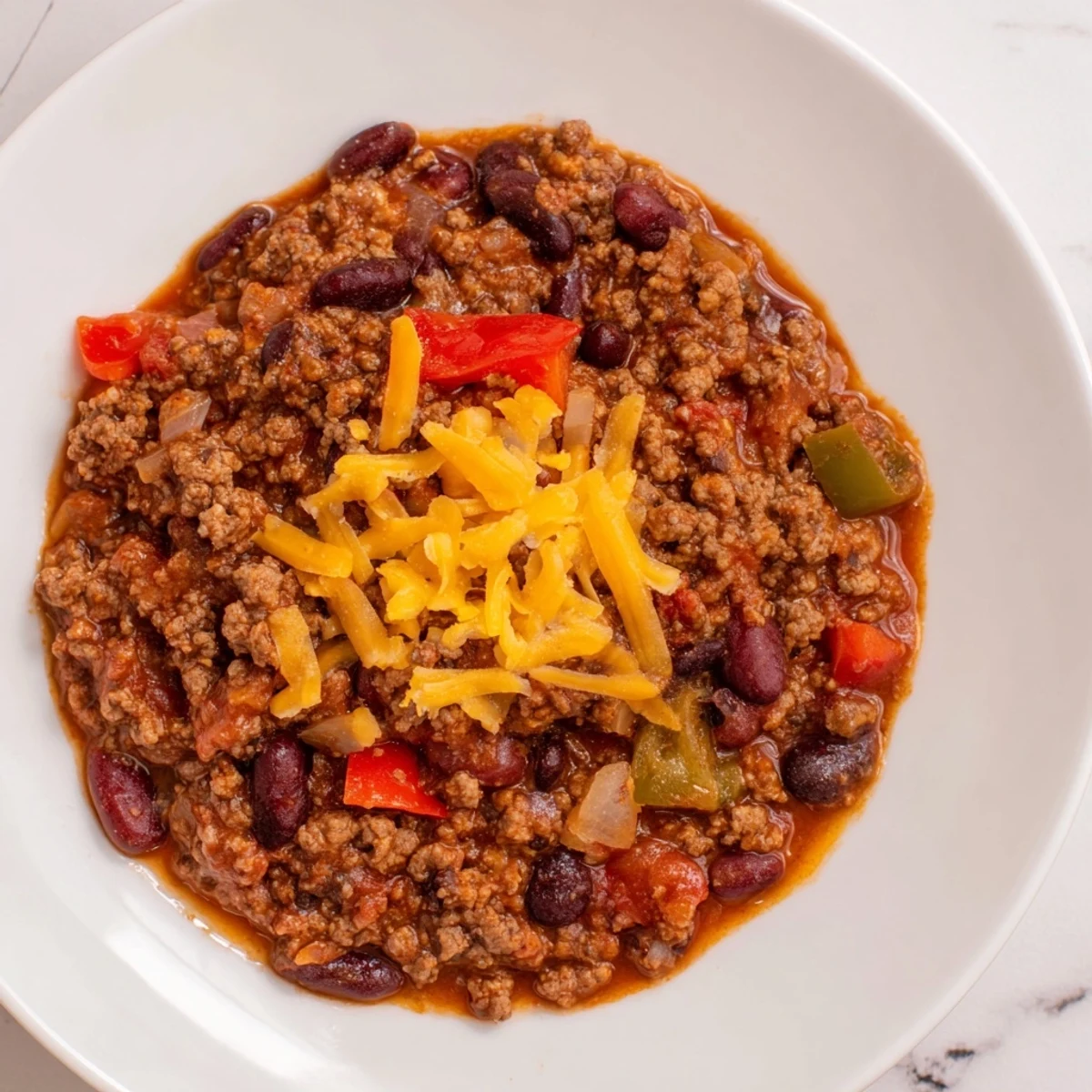 Serving suggestion for Spicy Beef Chili with Cheddar Cheese in a rustic bowl over cornbread, melted cheese on top.