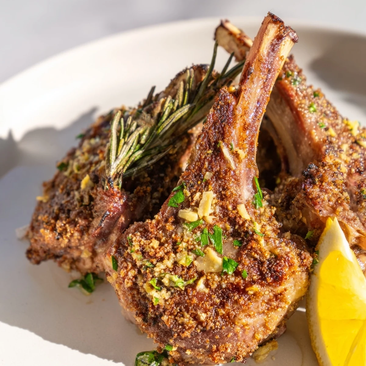 Golden-brown roasted lamb chops glistening with garlic and herbs, served with lemon wedges on a rustic platter.  