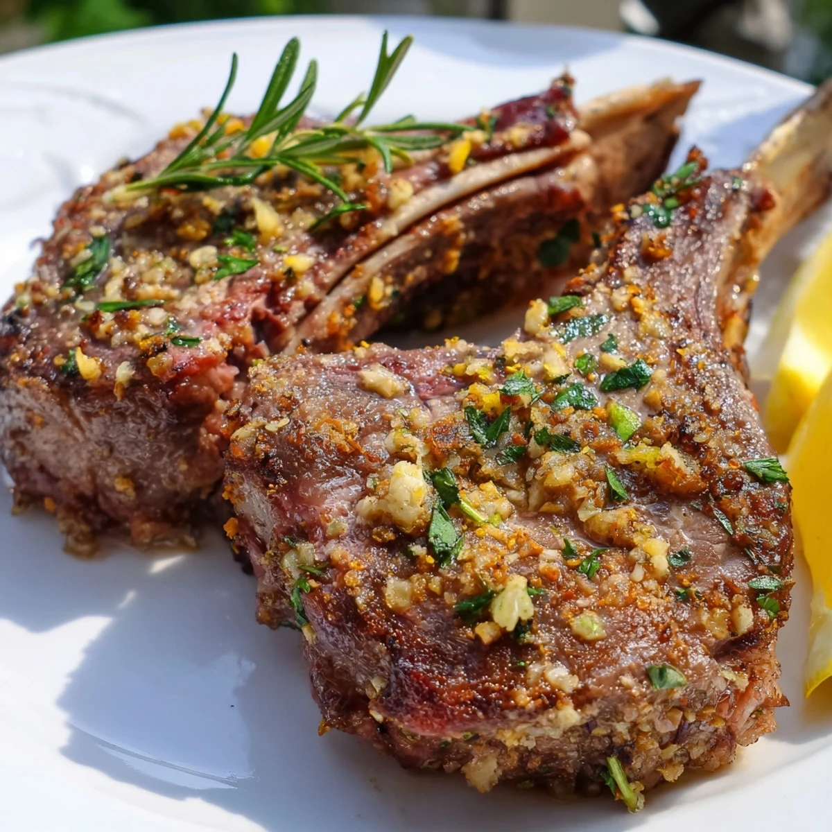 Juicy Roasted Lamb Chops with Garlic rest on a plate, garnished with fresh parsley and lemon slices.  