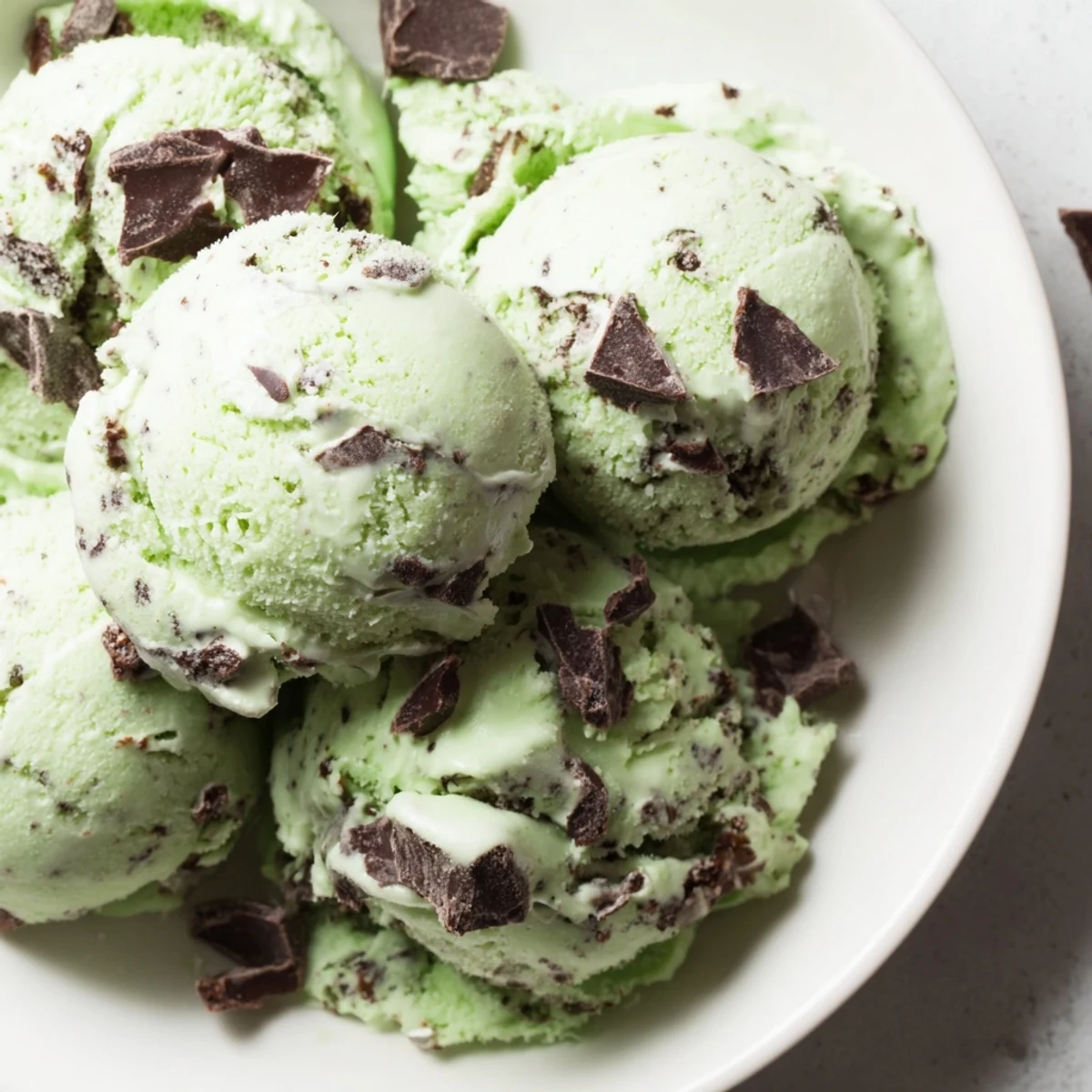 A bowl of homemade Green Mint Chocolate Chip Ice Cream, creamy and pale green, with visible flecks of dark chocolate.