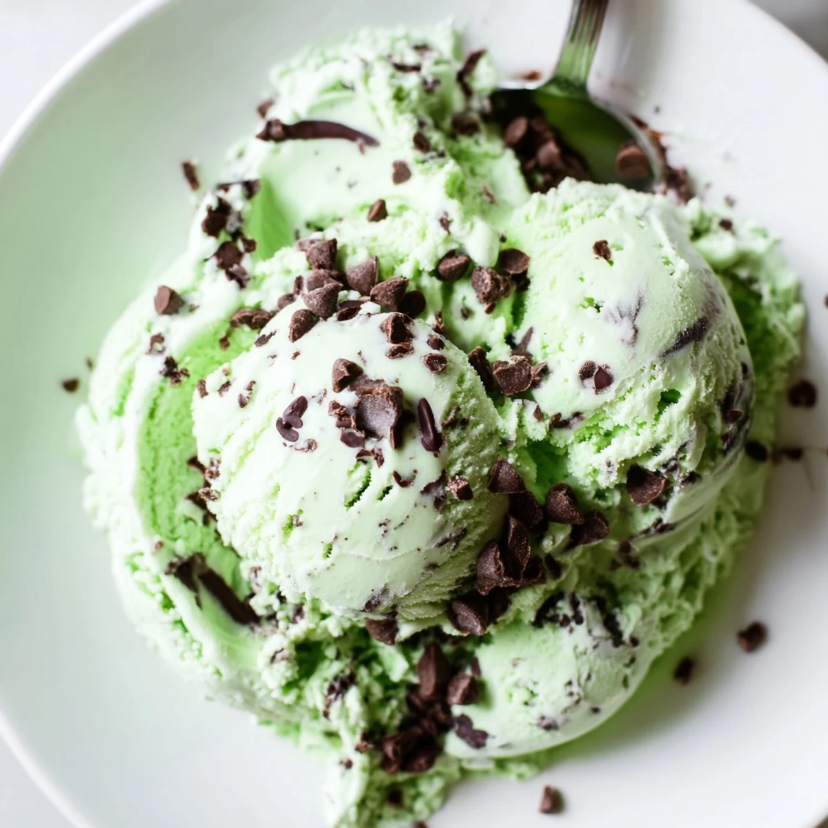 Green Mint Chocolate Chip Ice Cream in a glass dish garnished with fresh mint leaves, ready to serve as a summer dessert.