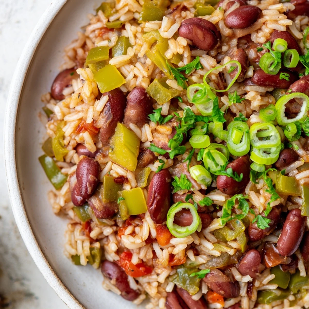 A vibrant bowl of Mardi Gras rice and beans, loaded with spiced kidney beans, diced bell peppers, and fluffy rice, garnished with green onions and parsley for a festive New Orleans-inspired meal.