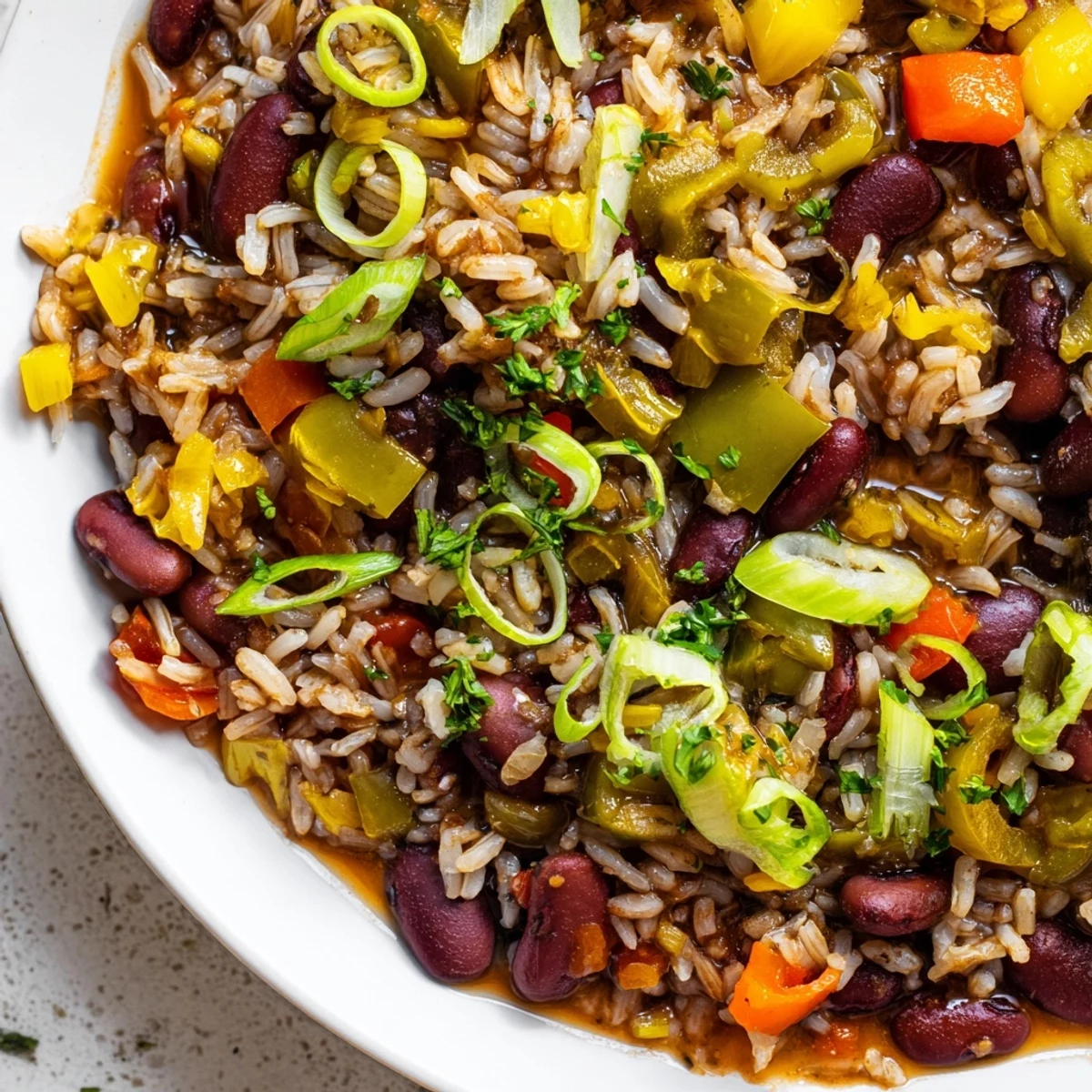 Close-up of Mardi Gras rice and beans in a white bowl, highlighting creamy red beans, colorful sautéed vegetables, and a sprinkle of fresh parsley, perfect for a celebratory vegetarian dinner.