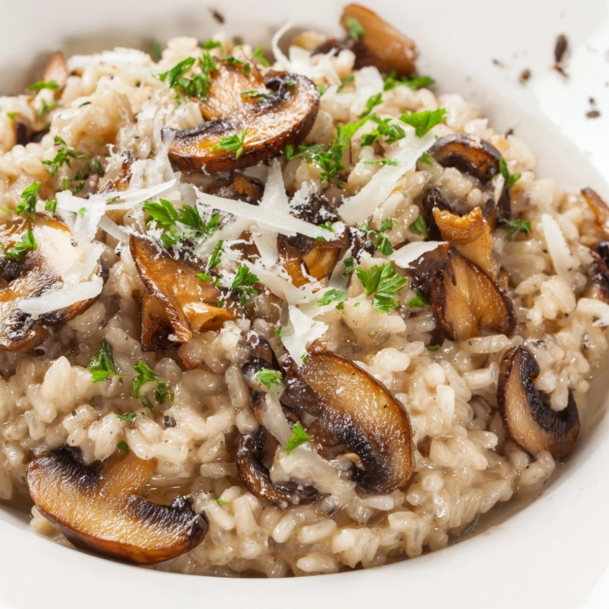 Creamy mushroom risotto with truffle oil in a shallow bowl, garnished with parsley and shaved Parmesan for an elegant Italian dinner.