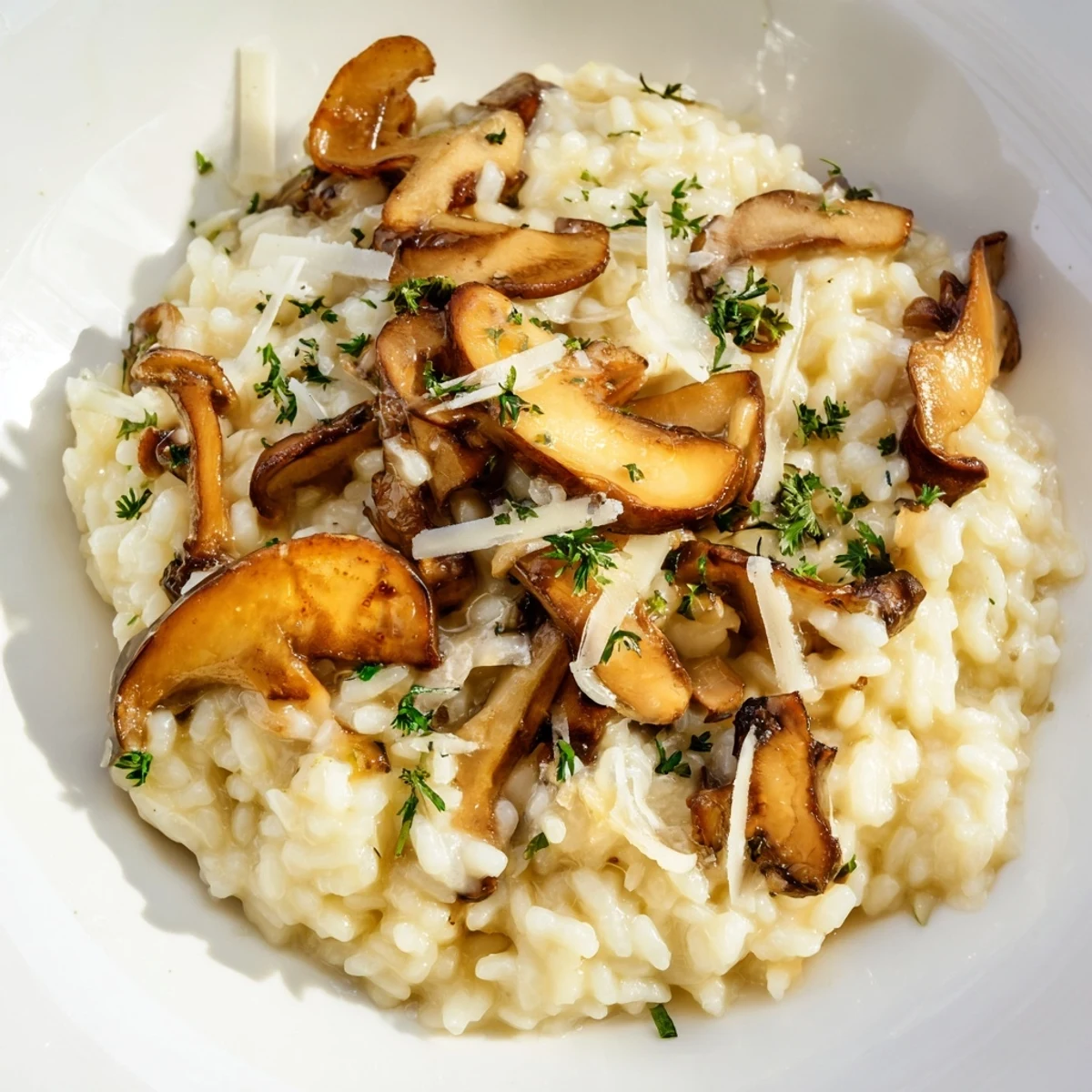 Earthy mushroom risotto topped with fresh parsley and Parmesan, drizzled with truffle oil and served alongside a glass of white wine.