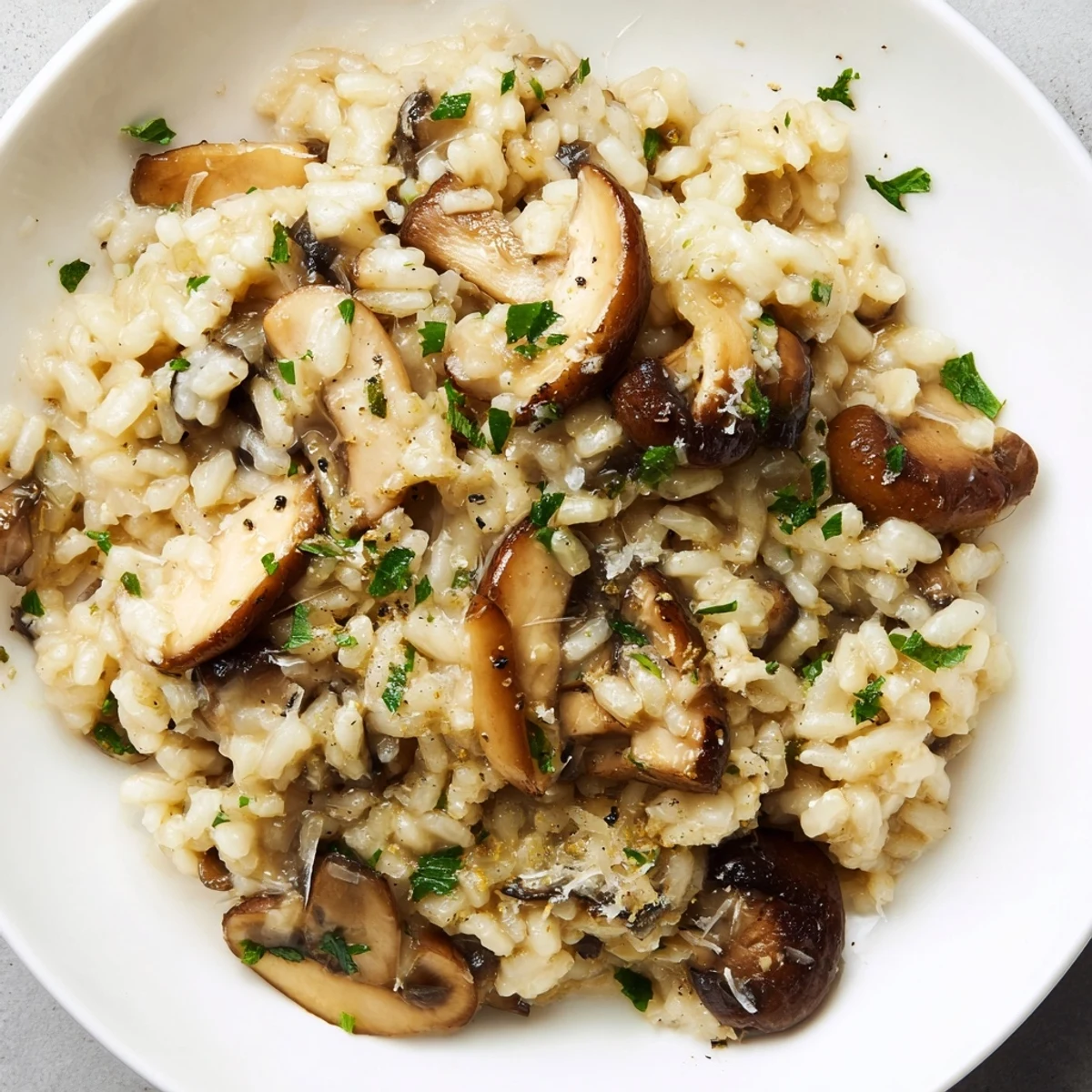 A spoonful of creamy mushroom risotto shows the rich, al dente texture and truffle oil shimmer in soft natural light.