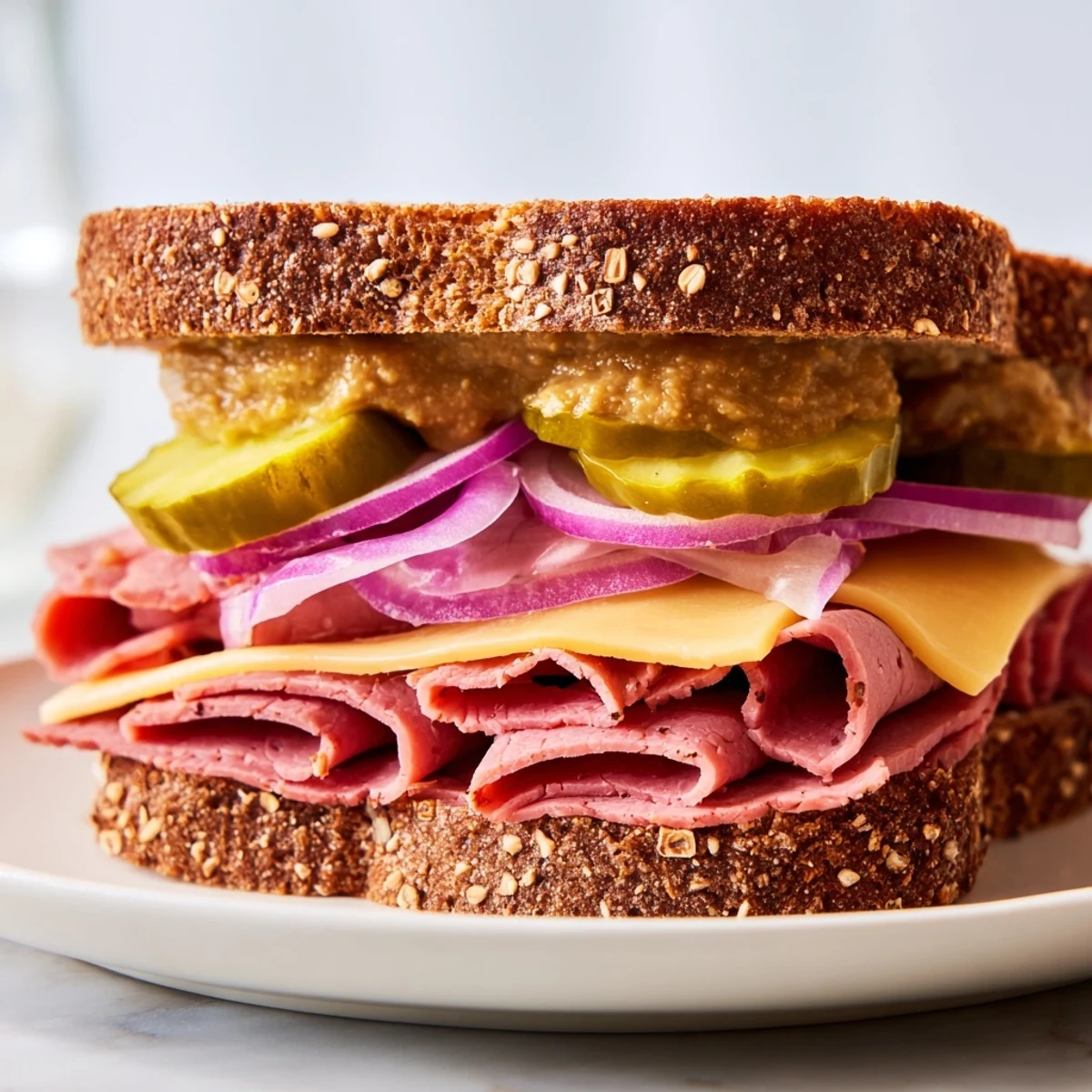 Golden corned beef layers with Swiss cheese and crisp dill pickles between two slices of hearty rye bread, ready to enjoy.