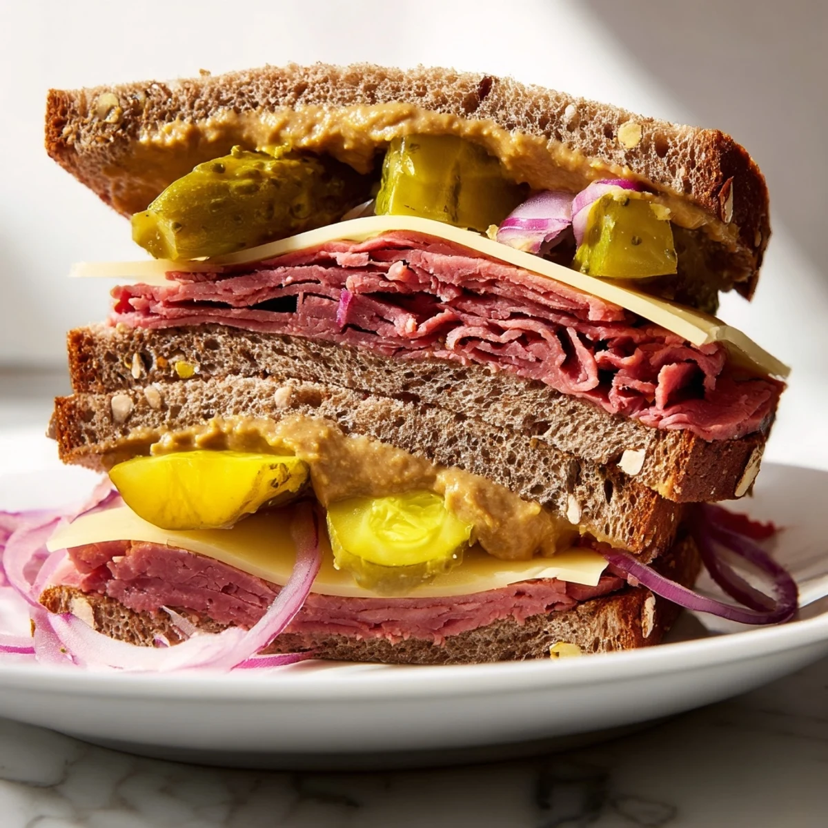 Close-up of a toasted corned beef sandwich on rye, with melted Swiss cheese and crunchy pickles on a wooden board.