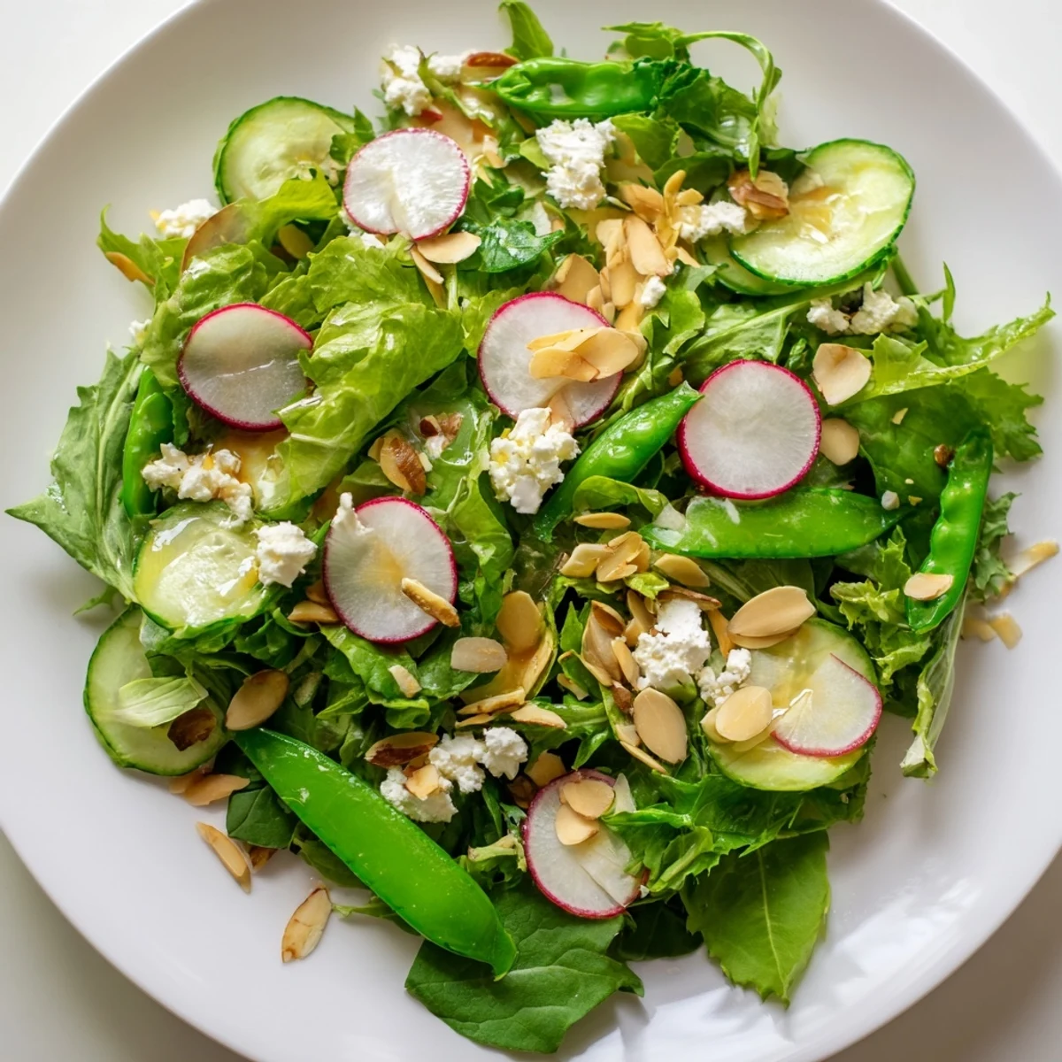 Fresh Spring Greens Salad with Lemon Vinaigrette in a rustic ceramic bowl, topped with crunchy almonds and crumbled goat cheese.