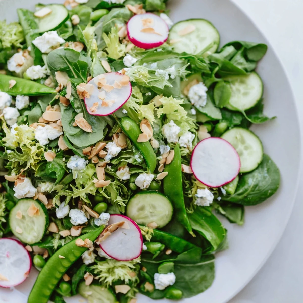 Vibrant Spring Greens Salad with Lemon Vinaigrette featuring crisp snap peas, radishes, and cucumber slices, ready to serve.