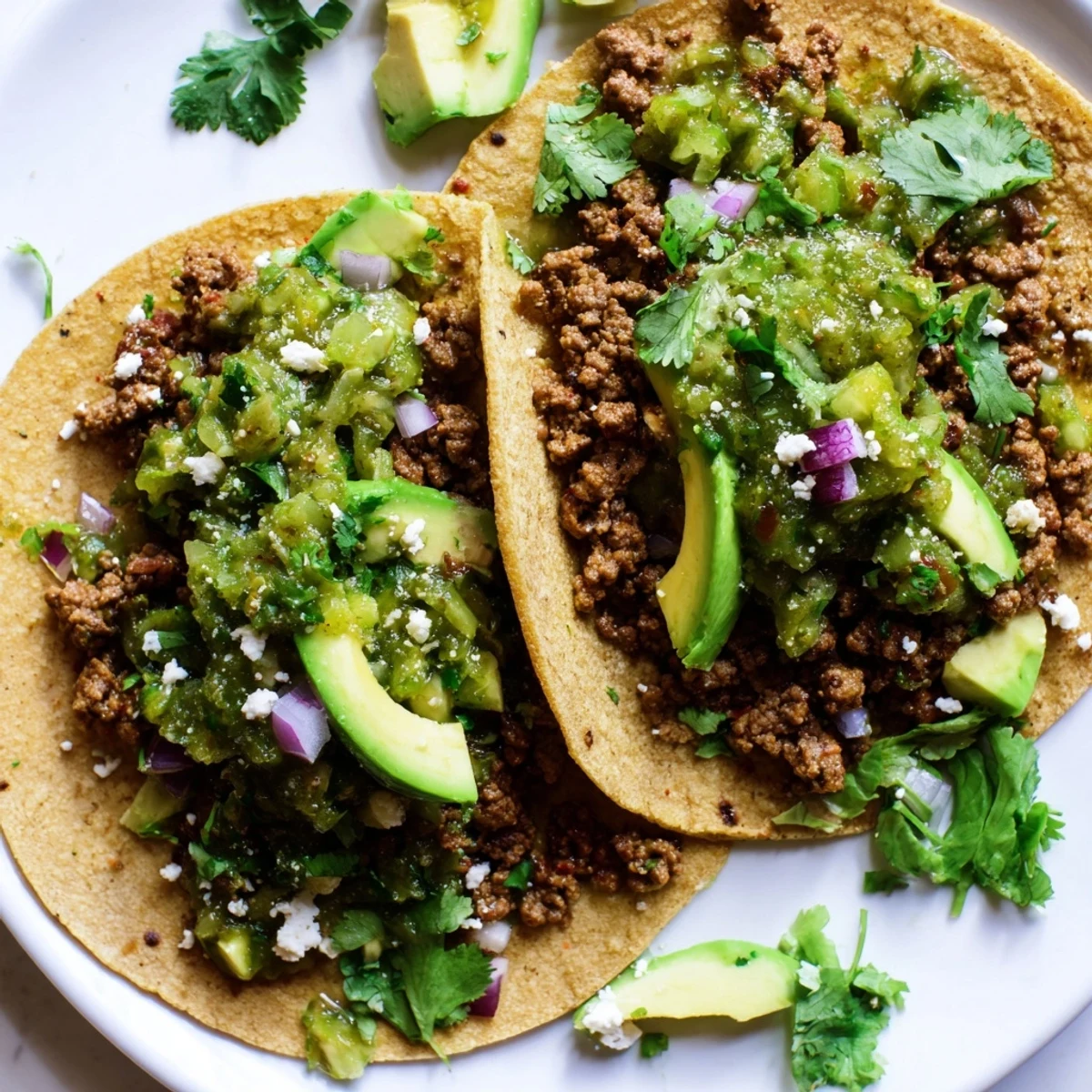 A platter of assembled spicy beef tacos with salsa verde, avocado, and queso fresco, ready for a lively weeknight dinner.