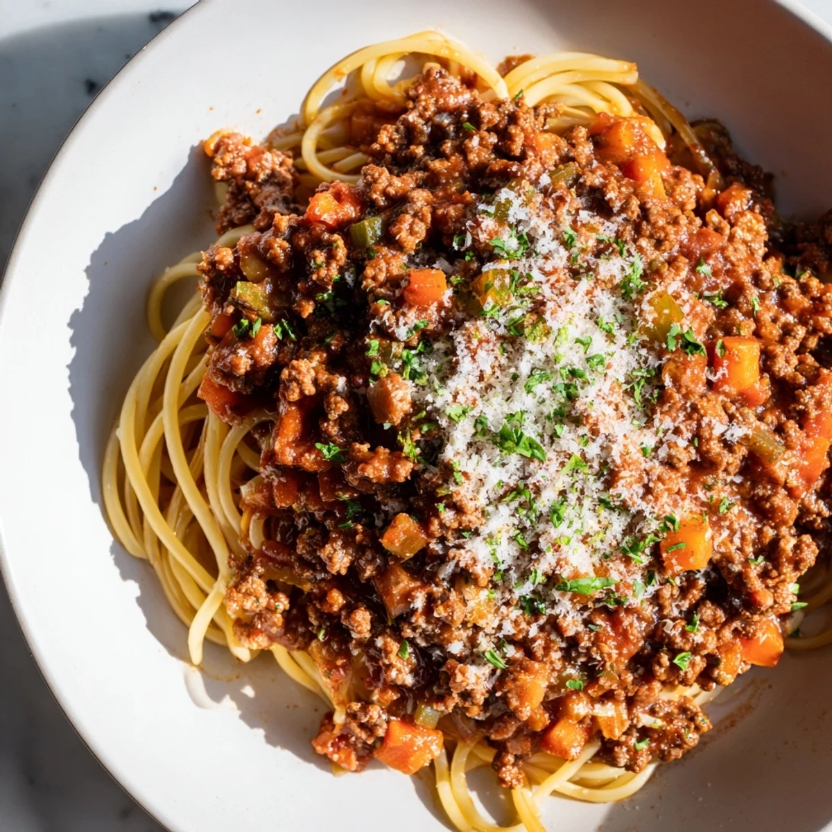 A hearty bowl of Beef Bolognese with Spaghetti features a rich, simmered tomato sauce and grated Parmesan garnish.