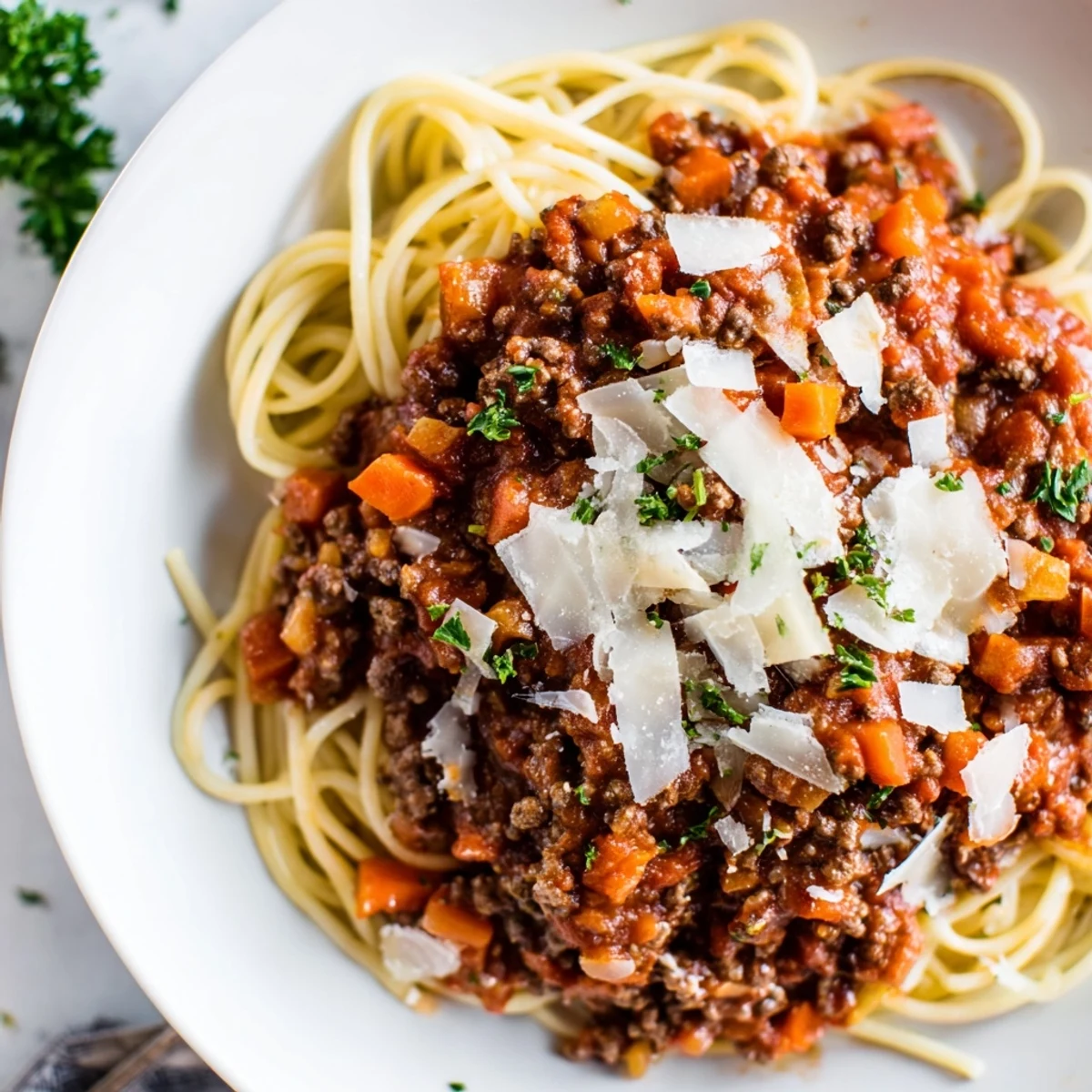 Freshly cooked Beef Bolognese with Spaghetti is plated with al dente pasta, offering a comforting, classic Italian-inspired meal.