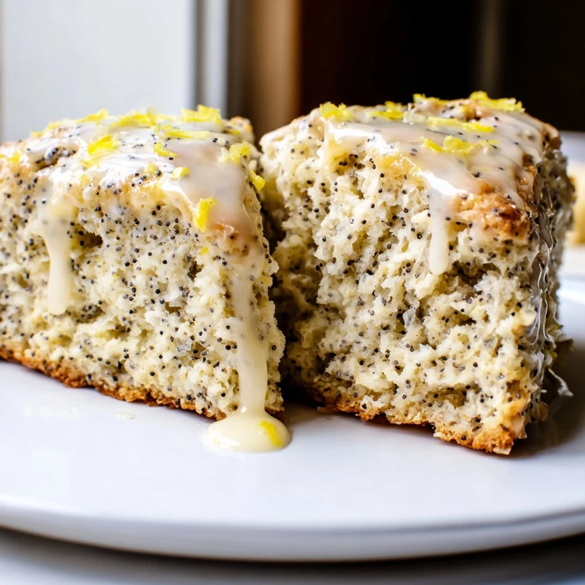Close-up of a tender Lemon Poppy Seed Scone, revealing a moist crumb packed with poppy seeds and citrus zest.