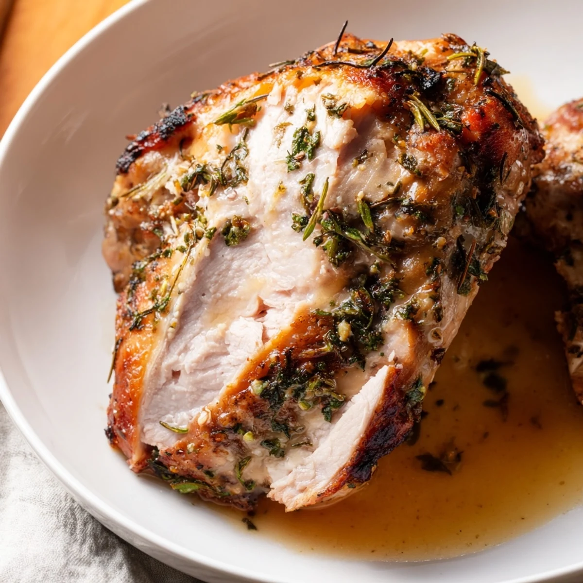 Golden-brown Alternative Easter Roast Turkey with herb butter glistening on the table.