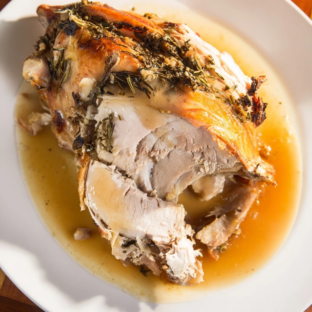 Sliced Alternative Easter Roast Turkey served with rich gravy and spring vegetables.