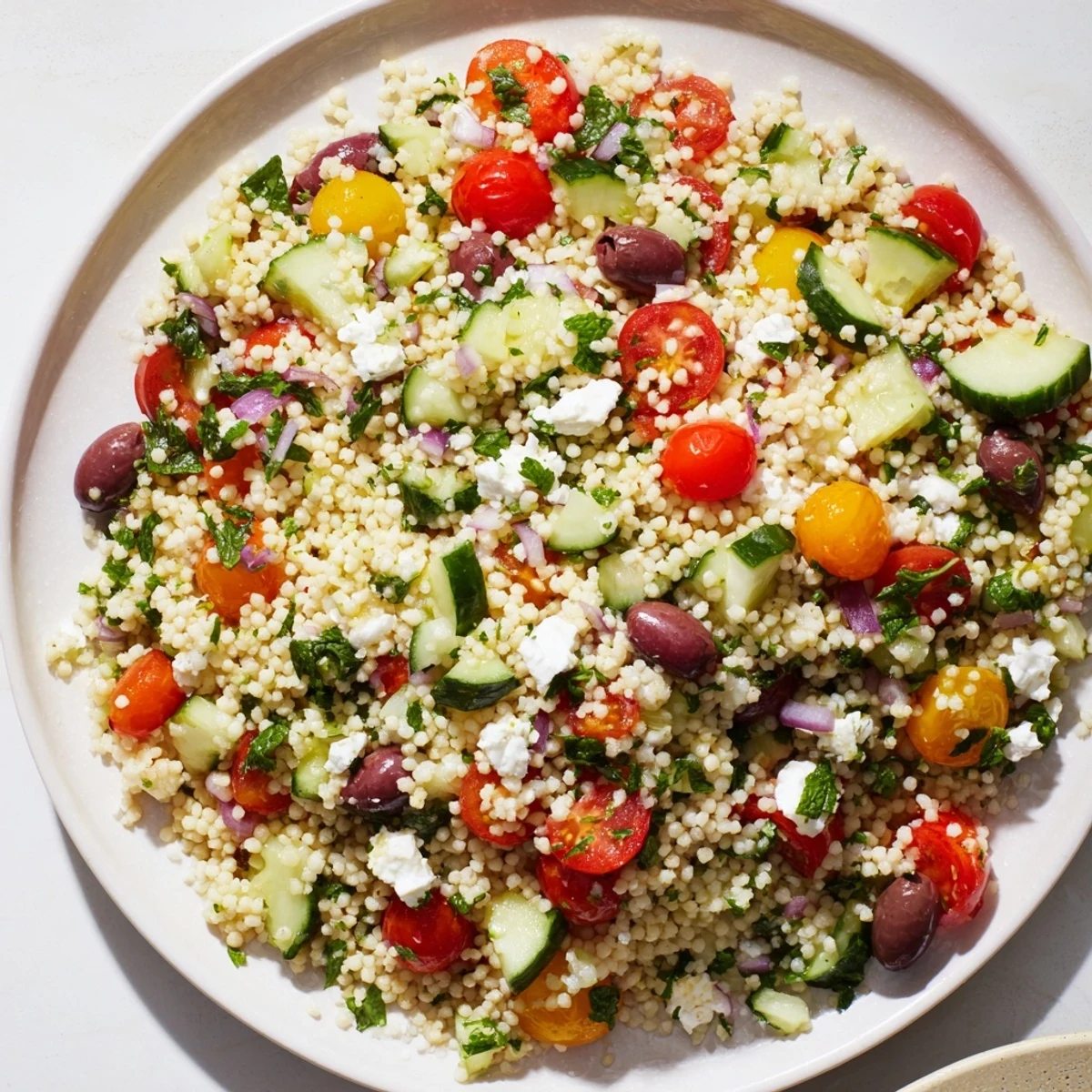 A bowl of Mediterranean Couscous Salad with Vegetables shows fluffy couscous, diced cucumber, tomatoes, and feta glistening with lemon dressing.