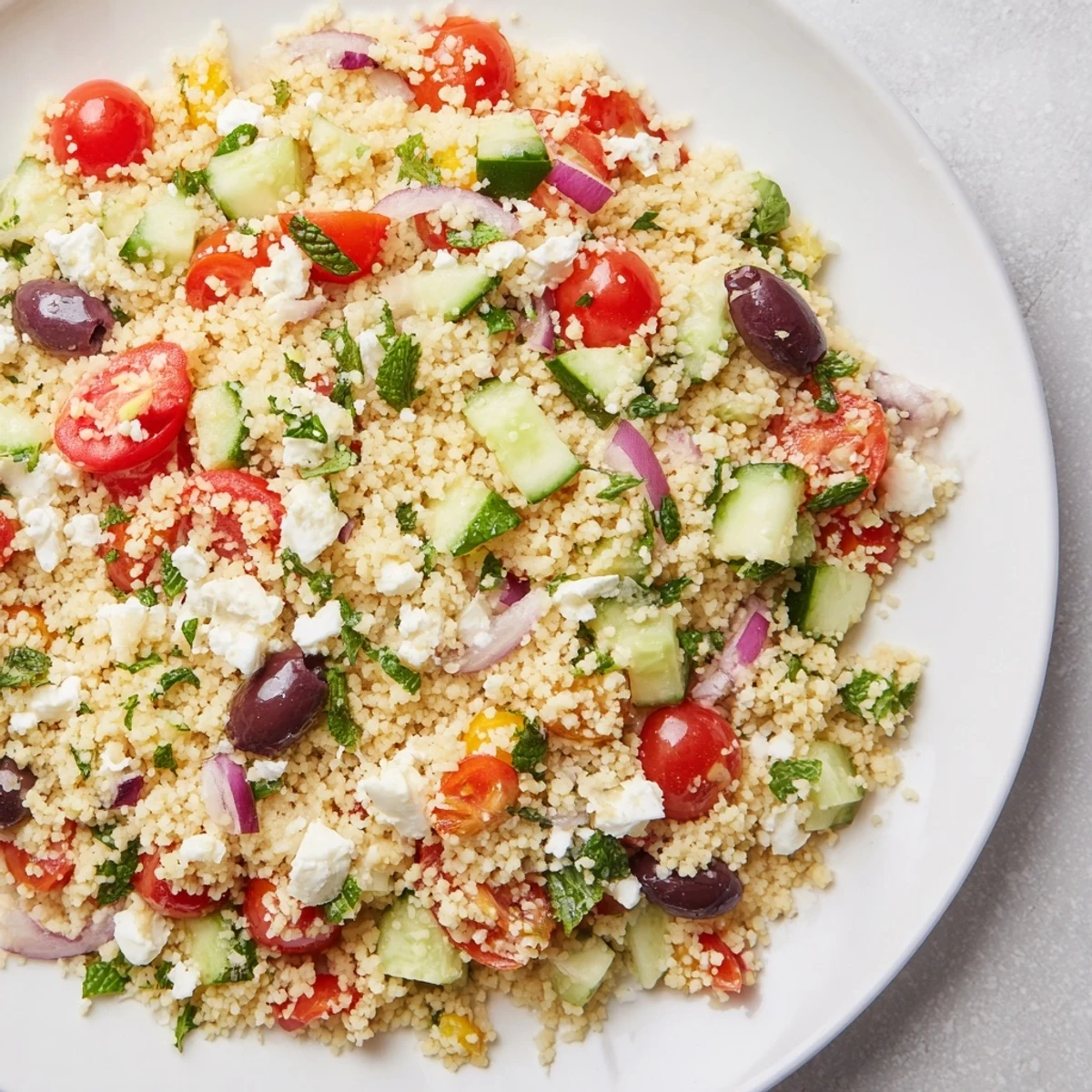 In a white dish, Mediterranean Couscous Salad with Vegetables is tossed with bell pepper, olives, and fresh herbs for a refreshing summer side.