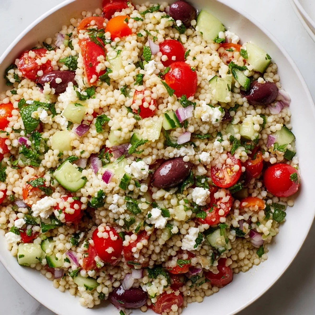 Top view of Mediterranean Couscous Salad with Vegetables in a shallow bowl, with cucumber, tomatoes, and crumbled feta on a rustic table.