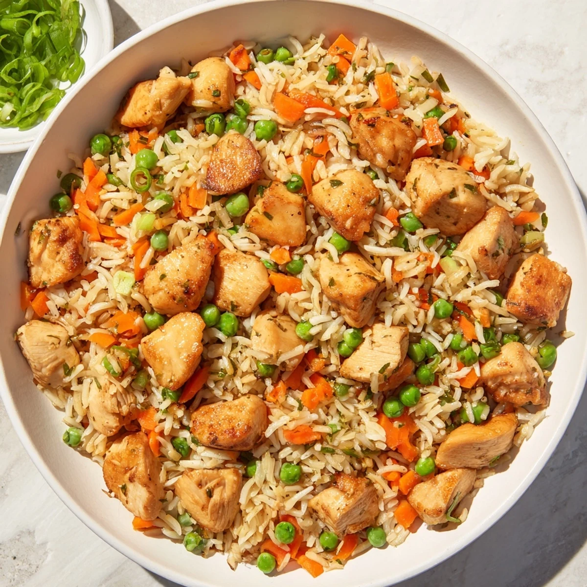 Serving suggestion for Chicken Fried Rice with Peas and Carrots in a white bowl, garnished with fresh green onions for a pop of color and flavor.