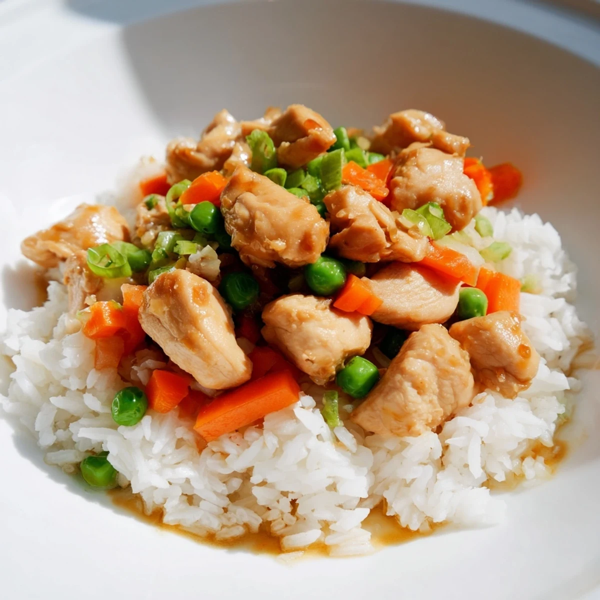 A close-up of Chicken Fried Rice with Peas and Carrots, featuring fluffy grains mixed with tender chicken, bright green peas, and diced orange carrots.