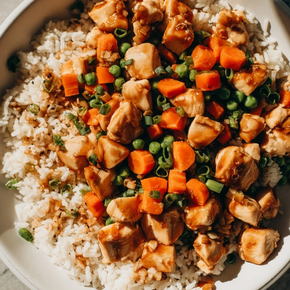 Wok-seared Chicken Fried Rice with Peas and Carrots shows golden, slightly crispy rice texture alongside juicy chicken pieces and vibrant vegetables in a savory sauce.