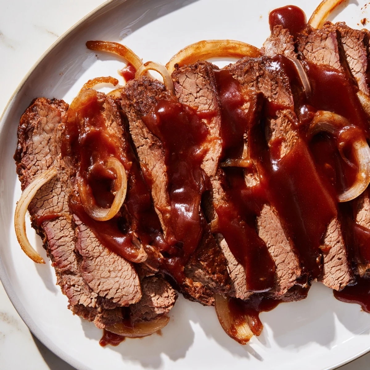 Sliced Slow Cooker Beef Brisket with BBQ Sauce resting on a cutting board with a drizzle of rich sauce.