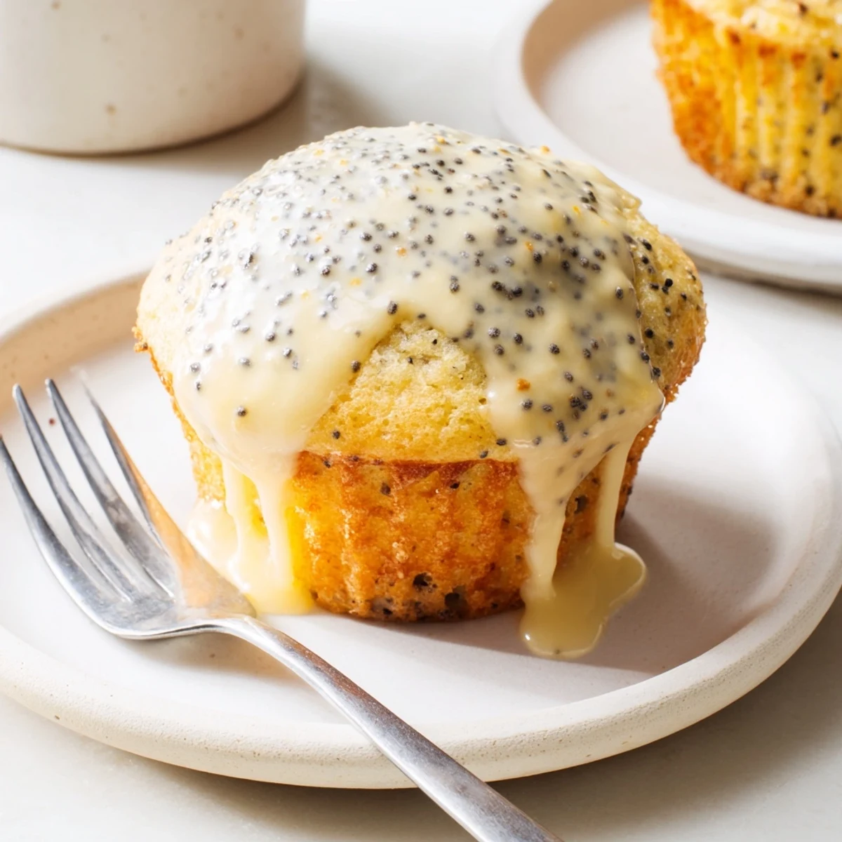 A close-up of a glazed Lemon Poppy Seed Muffin showing the moist crumb and poppy seed texture.