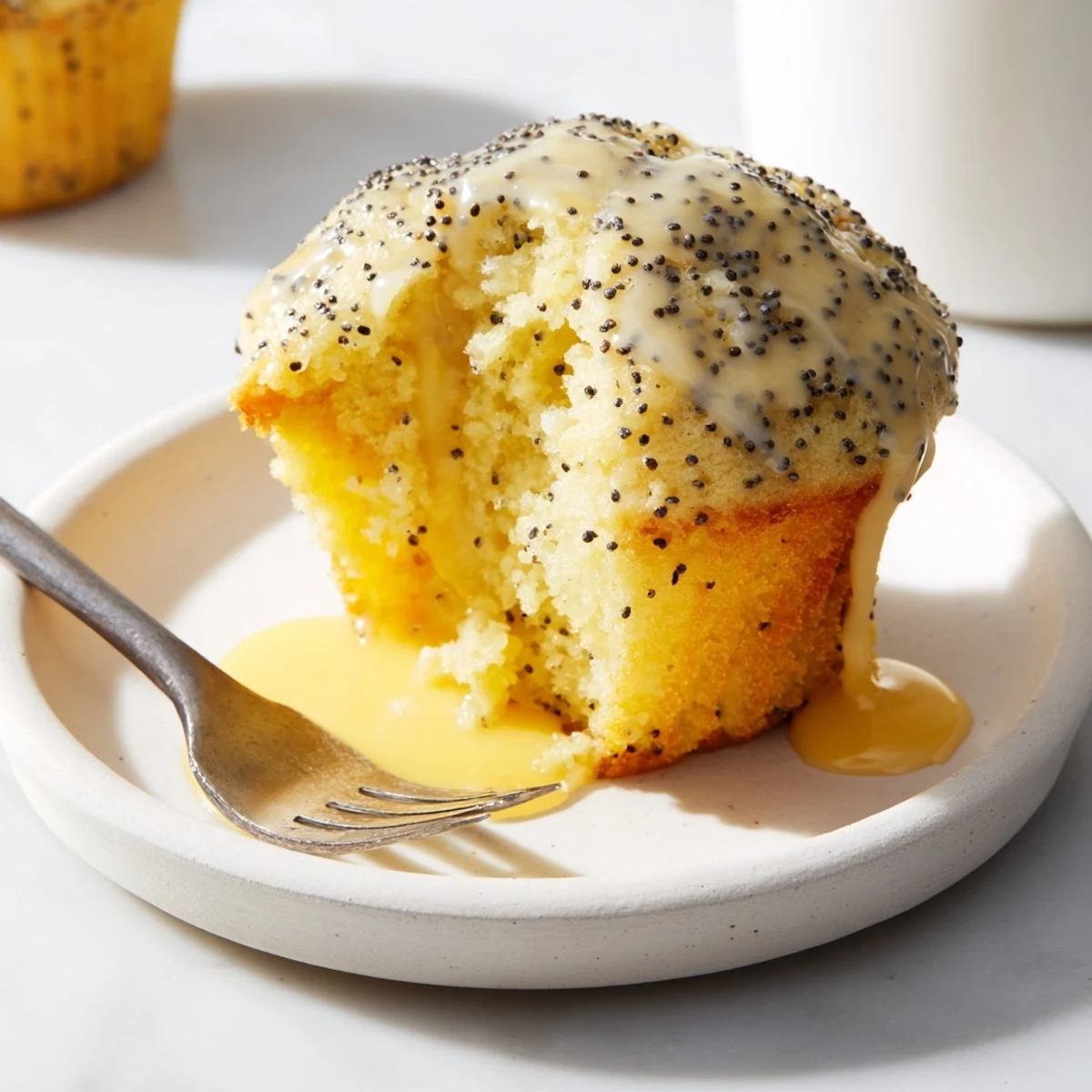 Warm Lemon Poppy Seed Muffins with zesty glaze served on a white plate with a tea towel.