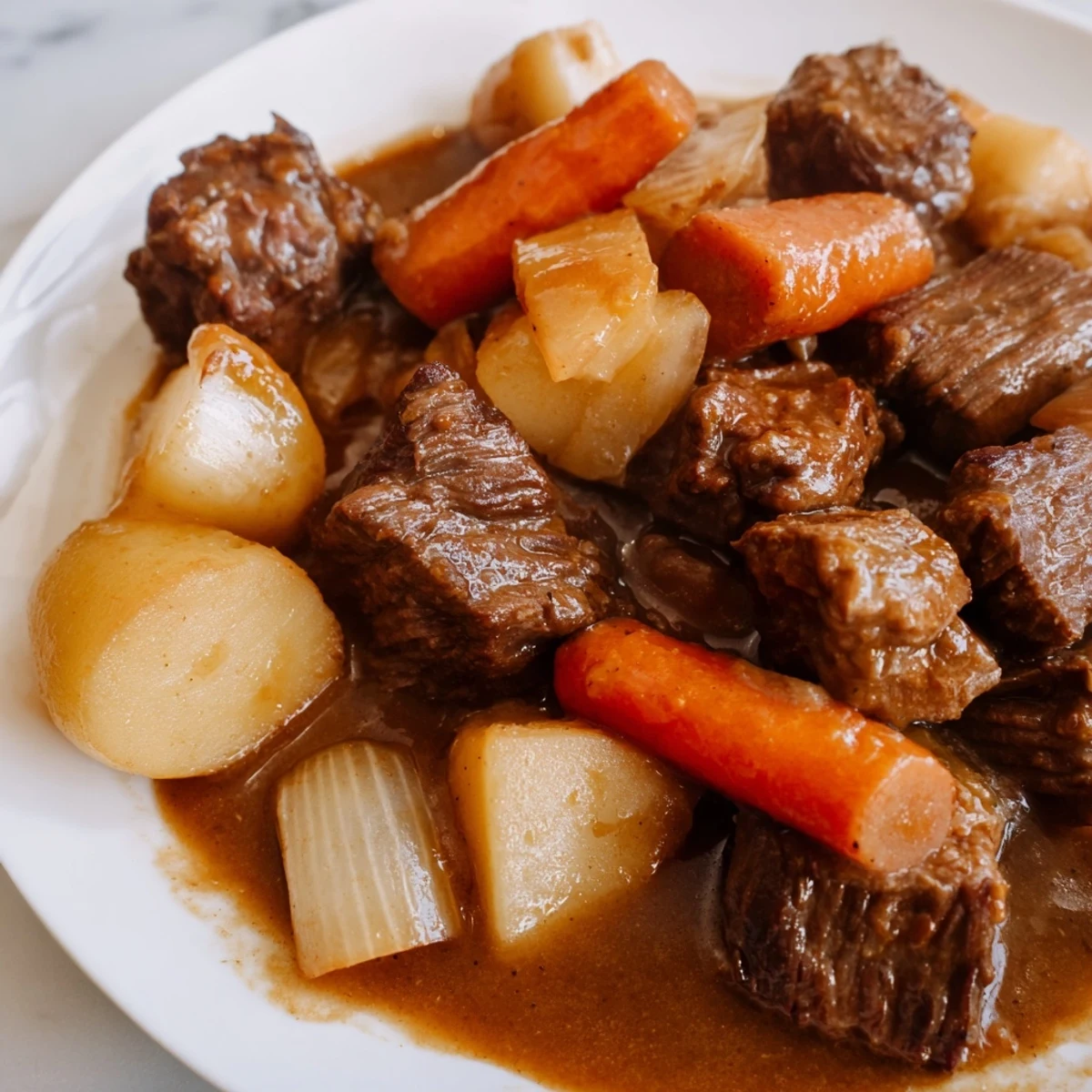 In this image, a hearty bowl of Beef Stew with Root Vegetables shows tender chunks of beef and colorful root vegetables in a thick, rich gravy.