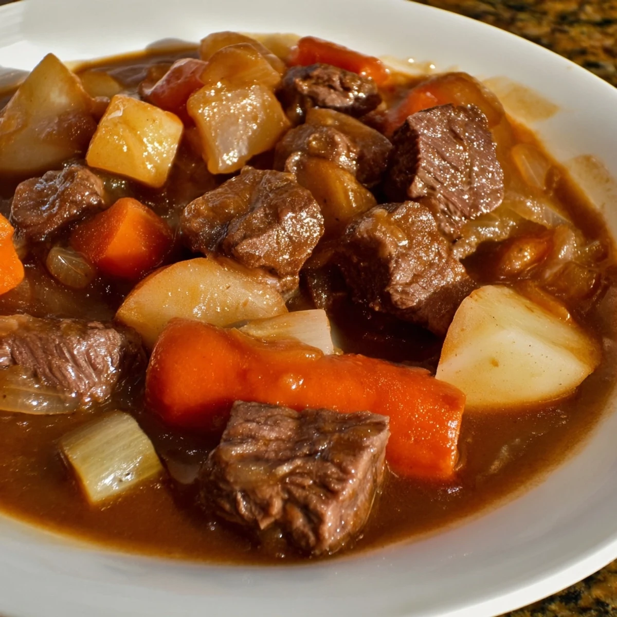A close-up of Beef Stew with Root Vegetables reveals glistening broth and fork-tender beef pieces alongside earthy root vegetables, ready to serve.