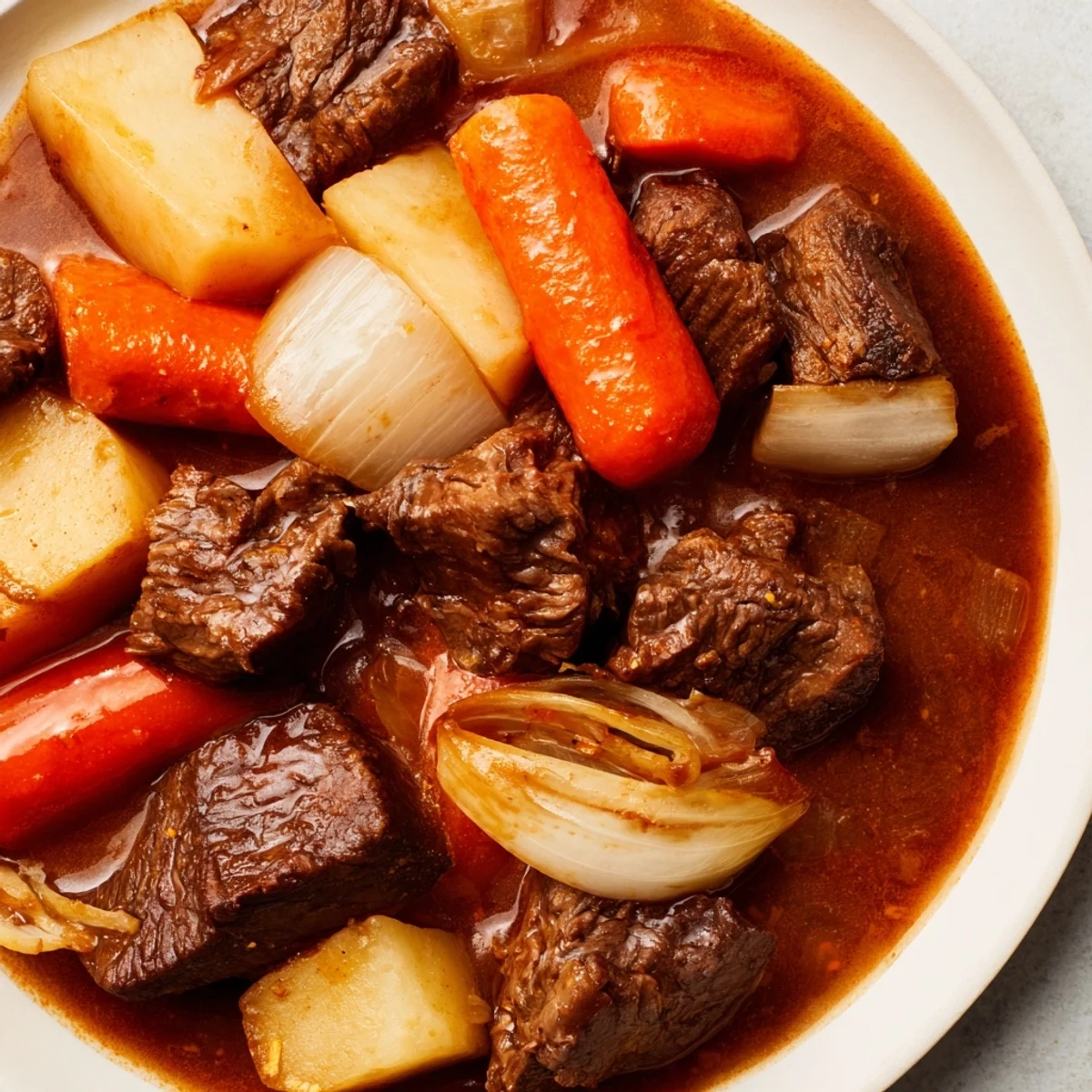 The photo displays a rustic Dutch oven filled with Beef Stew with Root Vegetables, featuring carrots, parsnips, and potatoes steaming in savory broth.