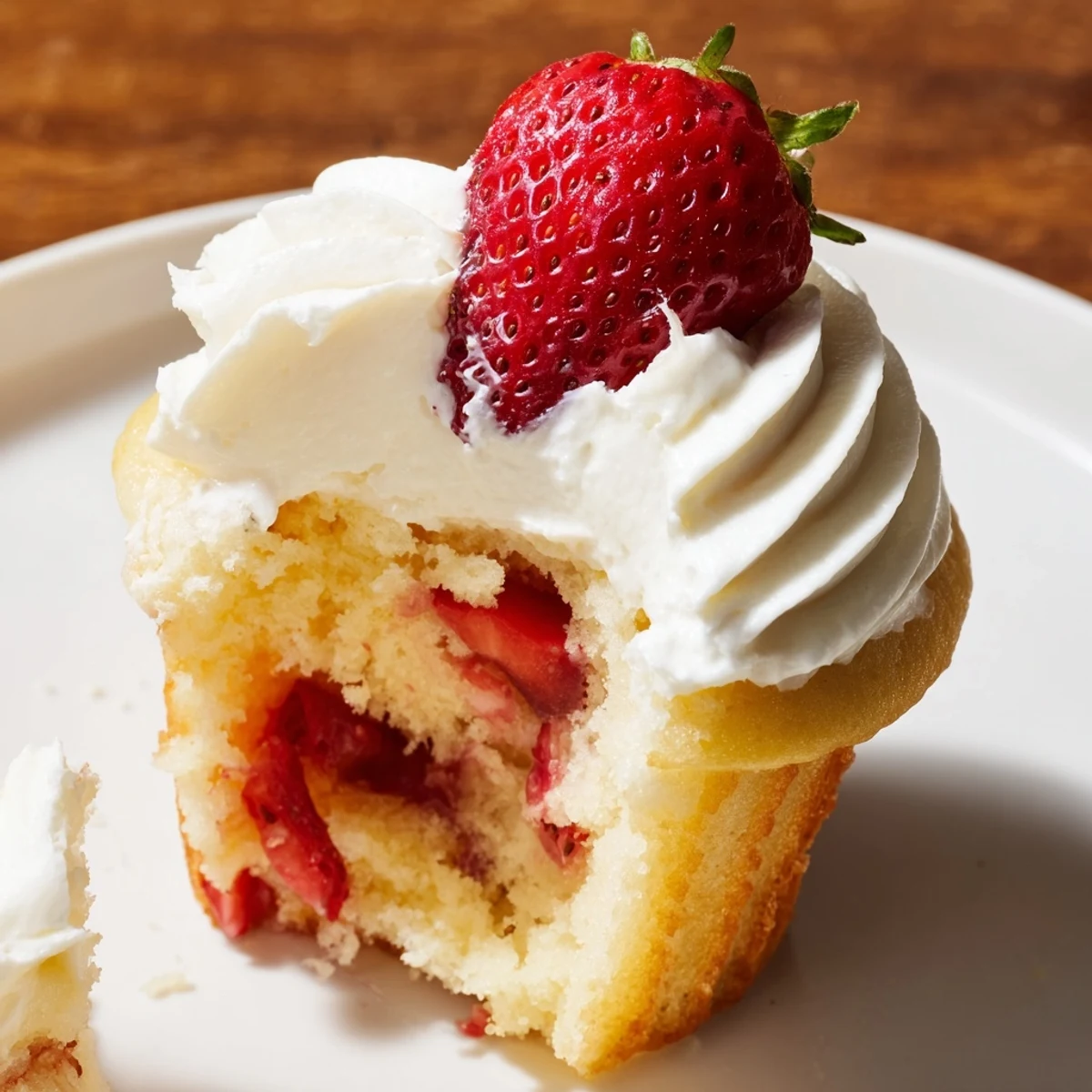 A close-up of Strawberry Shortcake Cupcakes showing moist vanilla cake topped with fluffy whipped cream and a fresh strawberry garnish.