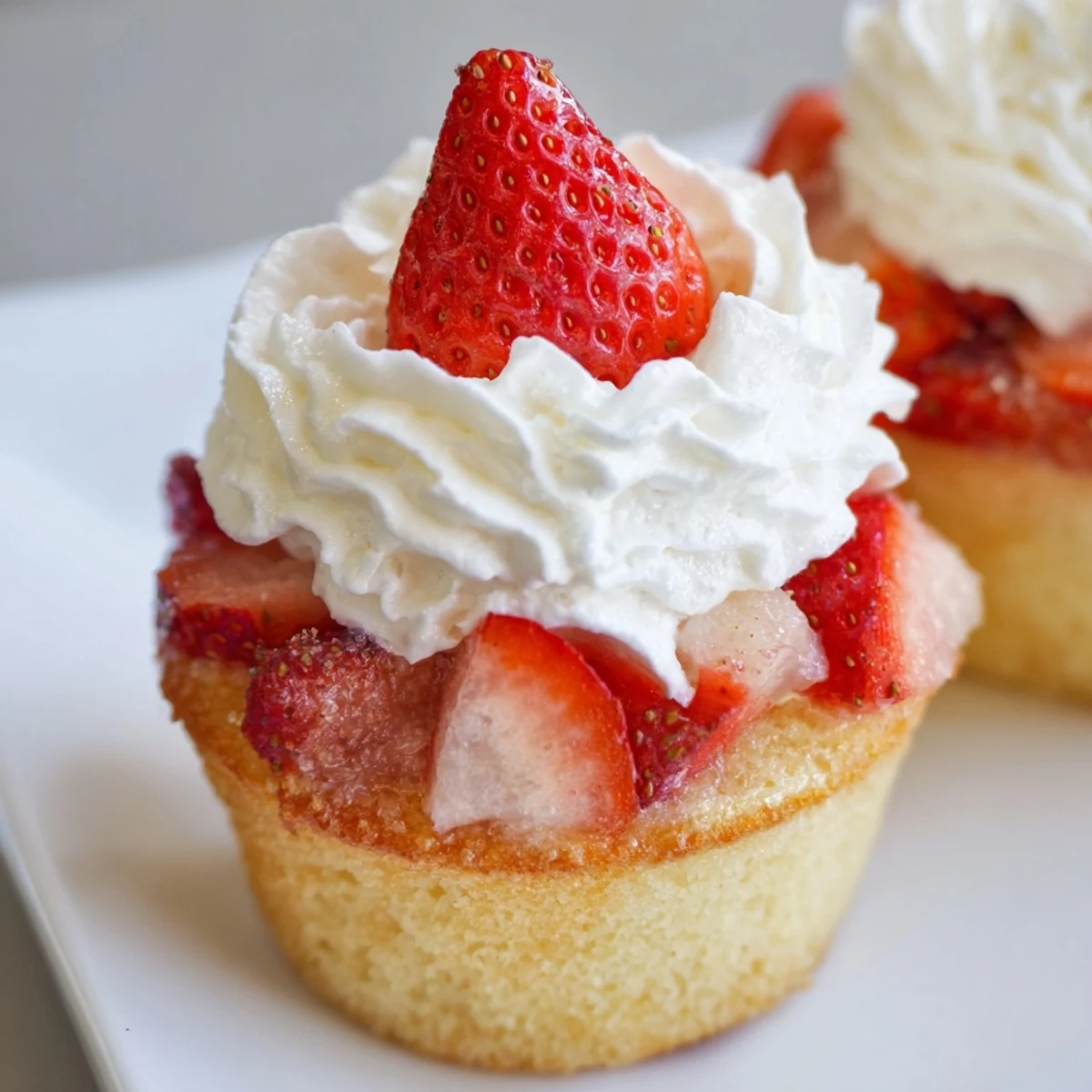 Golden-brown Strawberry Shortcake Cupcakes with piped whipped cream swirls and a halved strawberry on top, ready to serve.