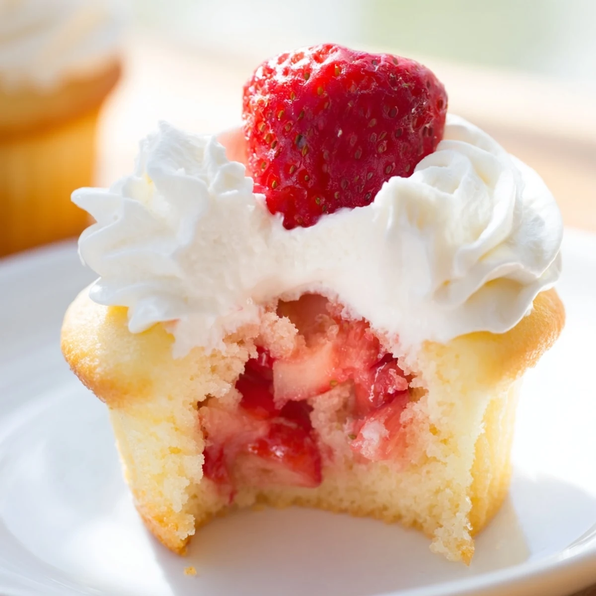 Freshly baked Strawberry Shortcake Cupcakes filled with diced strawberries and topped with sweet whipped cream, perfect for dessert.
