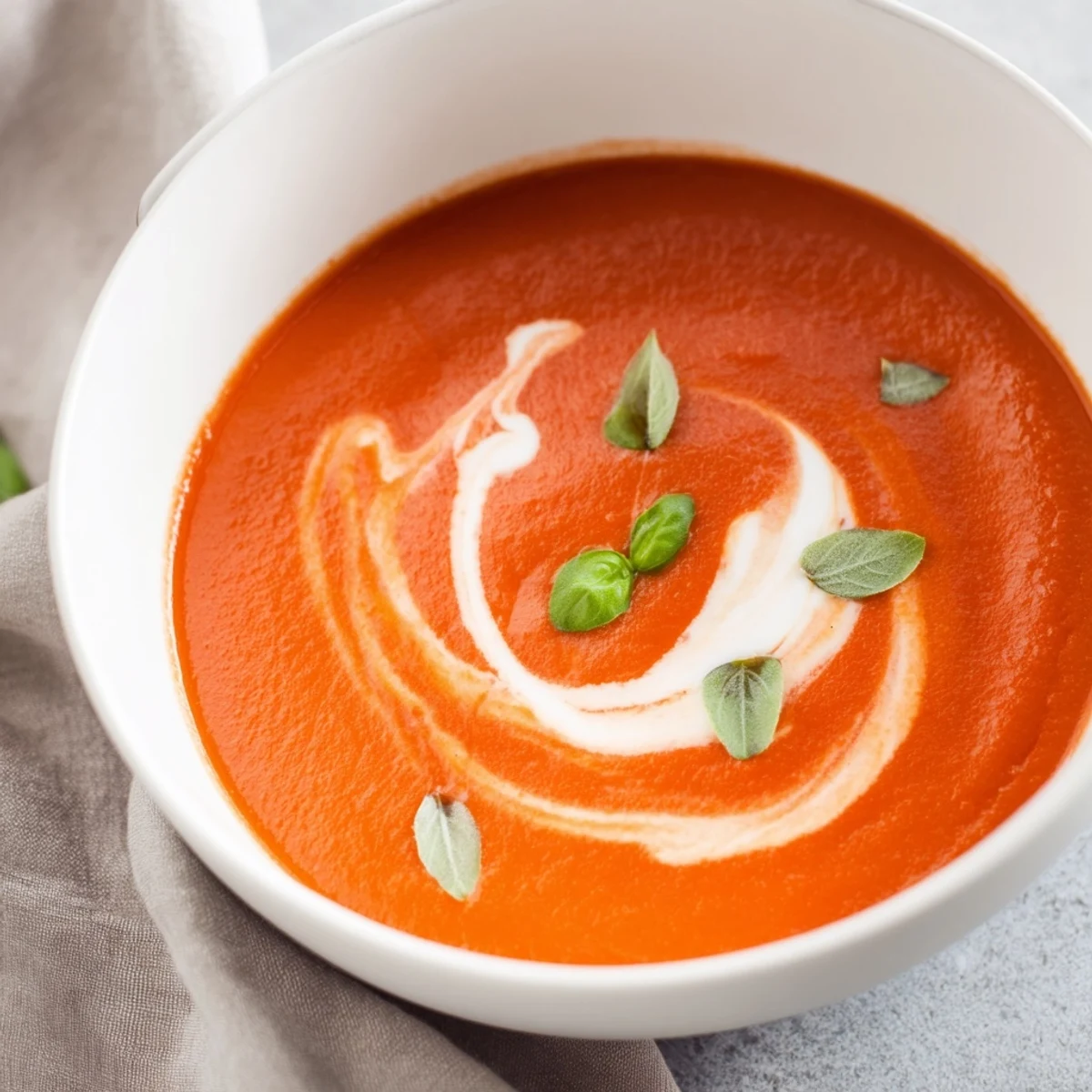 A pot of creamy tomato soup with basil simmering on the stove, ready to serve with grilled cheese.