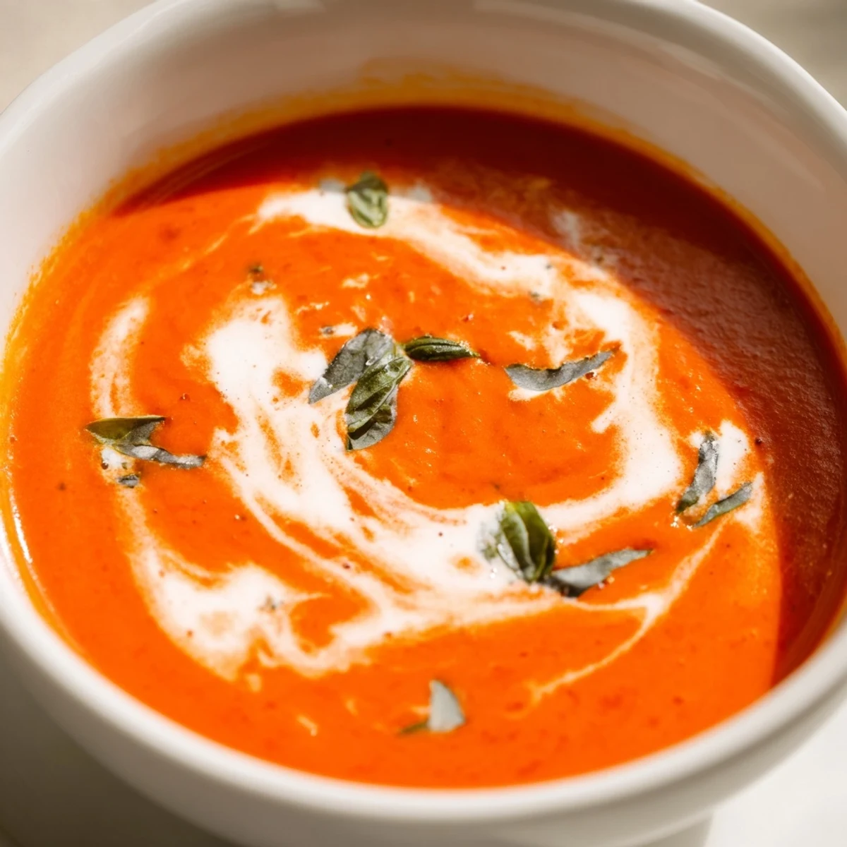 Creamy tomato soup with basil in a white bowl, garnished with fresh basil leaves, steam rising gently.