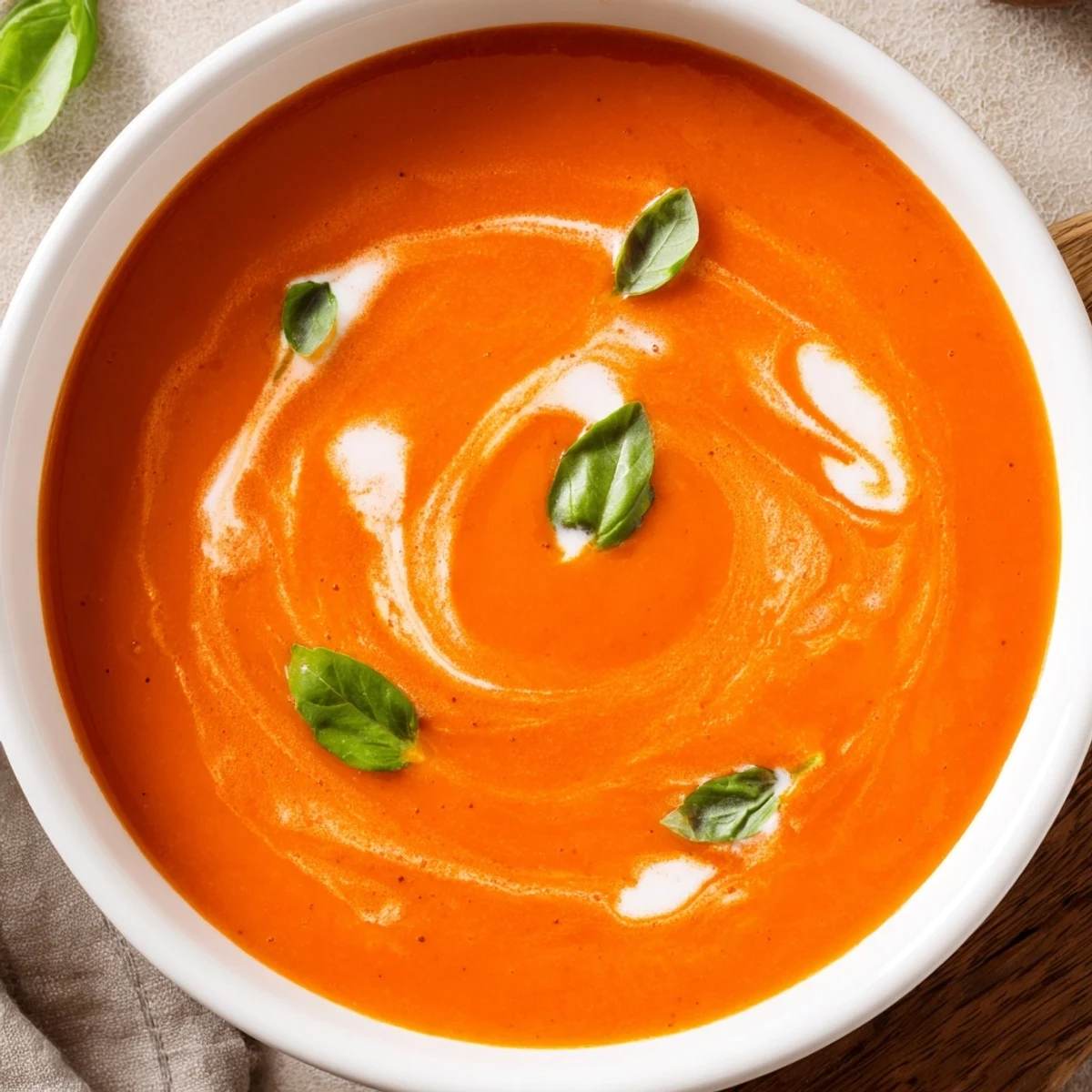 Creamy tomato soup with basil ladled into bowls, topped with basil and served with crusty bread on the side.