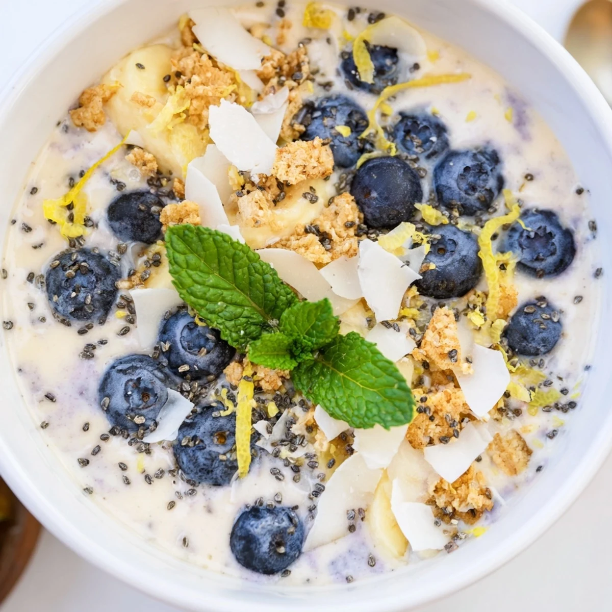 Spoon-ready Lemon Blueberry Smoothie Bowl in a white bowl, drizzled with honey and lemon zest.
