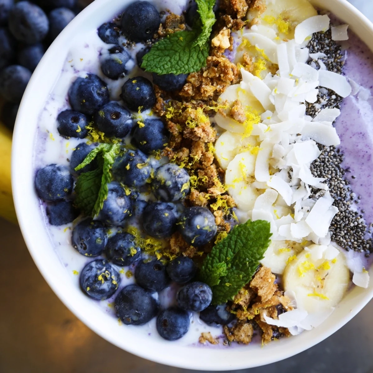 A vibrant Lemon Blueberry Smoothie Bowl topped with fresh blueberries, granola, and mint leaves.