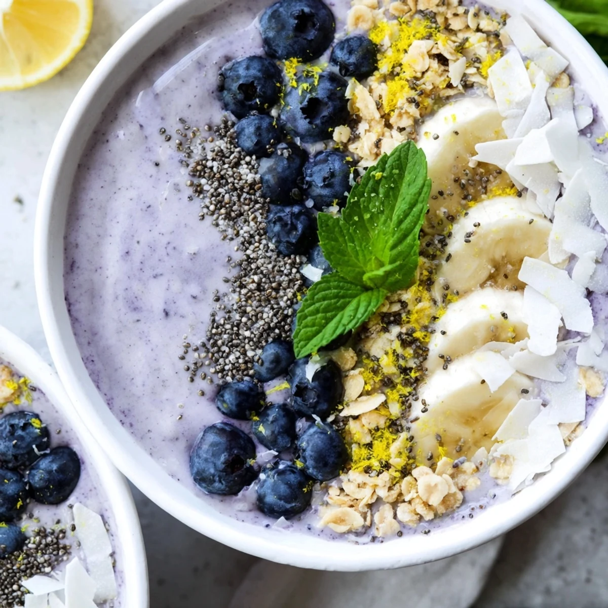 Overhead view of a thick Lemon Blueberry Smoothie Bowl sprinkled with chia seeds and coconut flakes.