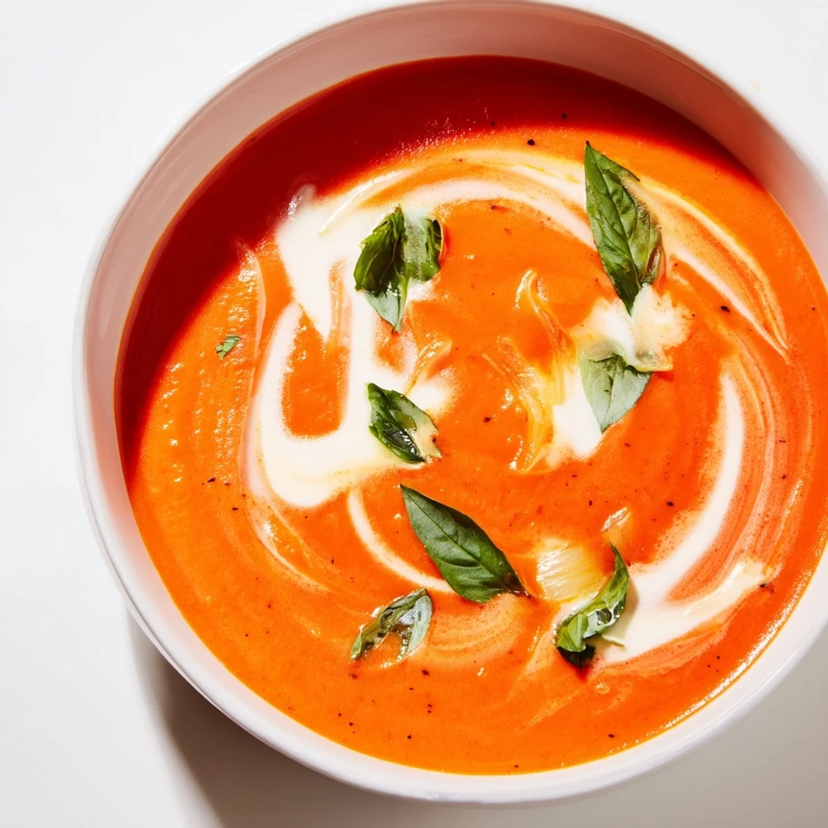 Steaming bowl of Creamy Tomato Soup with Fresh Basil garnished with basil leaves and cream drizzle.